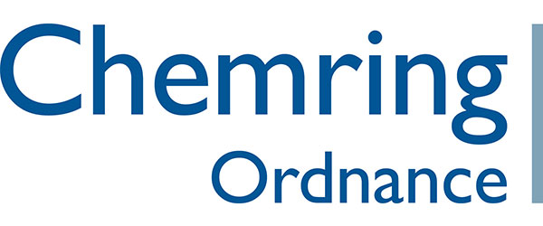 Chemring Ordnance Logo; Blue lettering of "Chemring Ordnance" followed by a green line