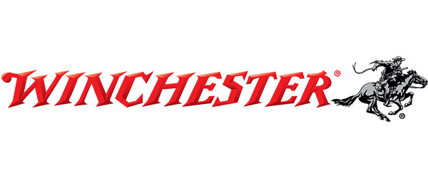 Winchester Logo; image of the word "Winchester" in red lettering, followed by a drawing of a cowboy, carrying a gun, who is riding a horse. 