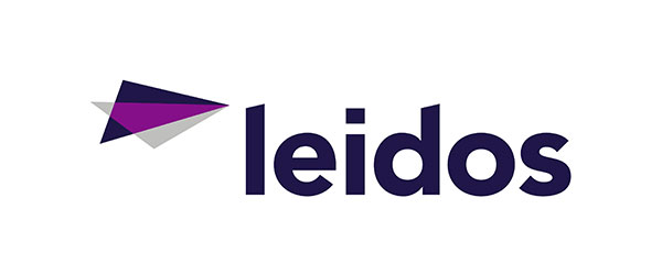 Leidos logo; shows an image of a paper airplane on the left of the logo, with purple, dark blue, and white colors, followed by "leidos" in dark blue letters. 