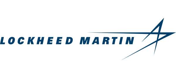 Image of Lockheed Martin's logo; a line of text, "Lockheed Martin" in blue over a while background. At the end of the text is an elongated star-like image. 