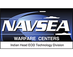 Image of NAVSEA logo; the words "NAVSEA" followed by "Warfare Centers Indian Head ECD Technology Division" over a blue background with simple white icons of an air missile, submarine, and undersea missile.