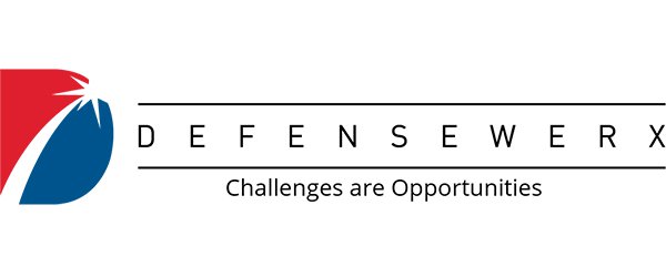 Image of DEFENSEWERX's logo; includes a graphic that's shaped like a large"D", with blue, red, and white colors. The "D" is followed by the words "DEFENSEWERX" with a line above and below and then the words "Challenges are Opportunities" under the bottom line. 