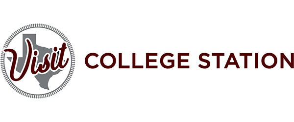 Visit College Station logo; the word "Visit" in a circle with the state of Texas in the background following by the words "College Station" in maroon. 