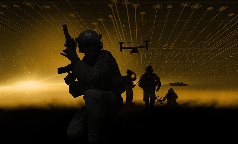 2021 SOFIC image; the silhouettes or soldiers amongst a yellow background with planes in the sky.  