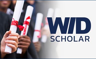 Image of Scholarship Program branded image; the image shows a row of hands with diplomas with a red ribbon. The words "WID Scholar" are beside the image, which fades to white behind the words. 